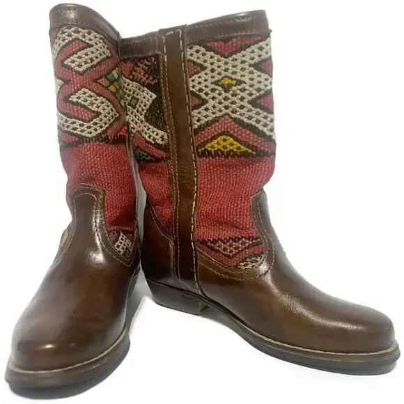 Capicua Kilim Moroccan Boots Size 9 Brown Leather Western Blanket Fabric NEW - Picture 2 of 13
